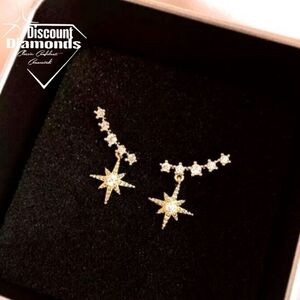 Clear White Baguette Sparkling Star Diamond Earrings 14K Yellow Gold on 925